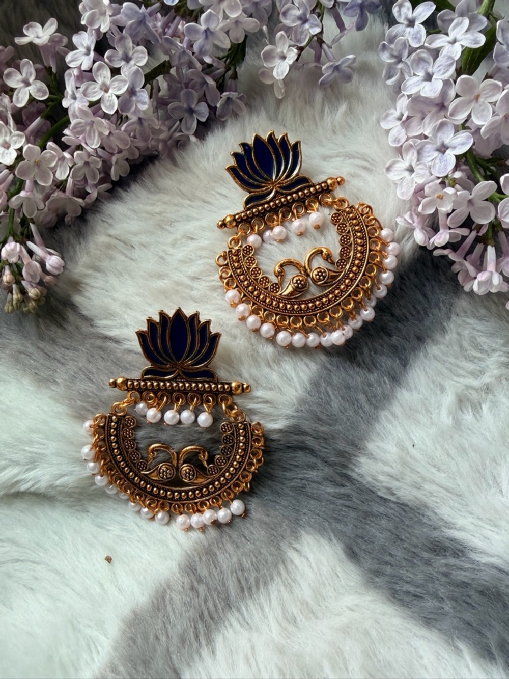 Gold-Tone Lotus Pearl Chandbali Earrings - Blue & White